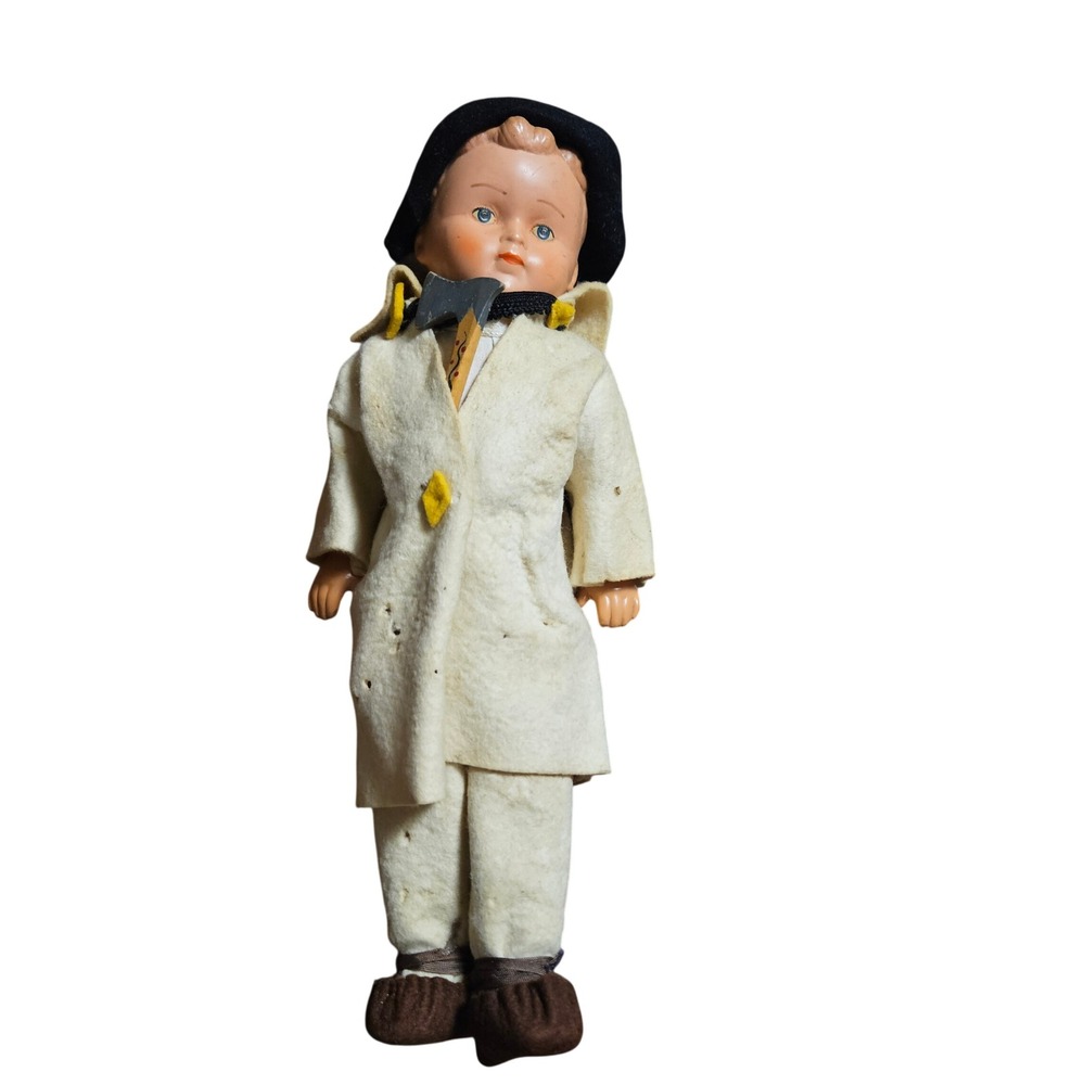 VTG European Boy Celluloid Doll 11" Felt Clothes Colonial Woodsman Axe Ethnic